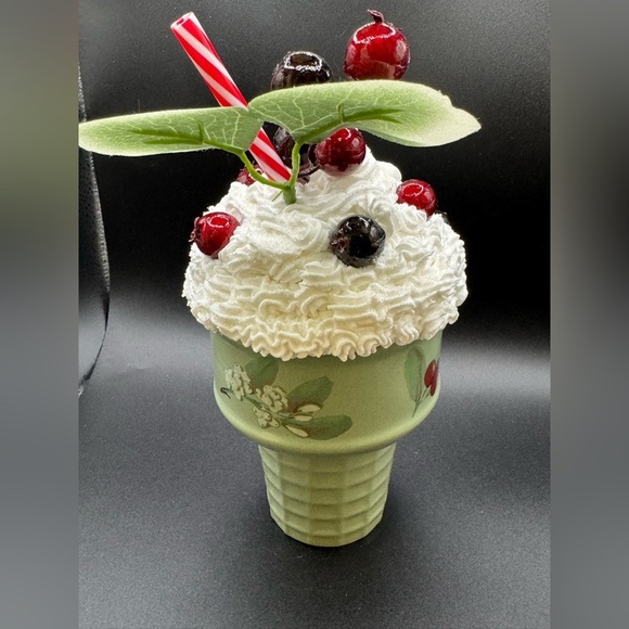 New OOAK Upcycled Faux Ceramic Green Ice Cream Cone - Picture 2 of 5